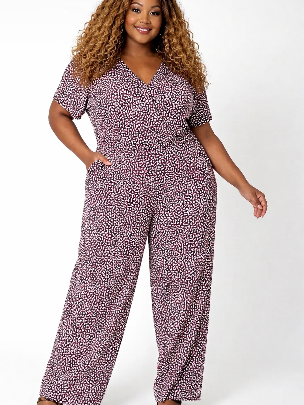 Leota Black and Pink Abstract Short-Sleeve V-Neck Jumpsuit